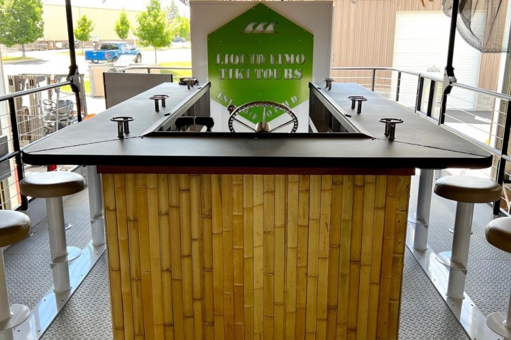 a dining room table in front of a building