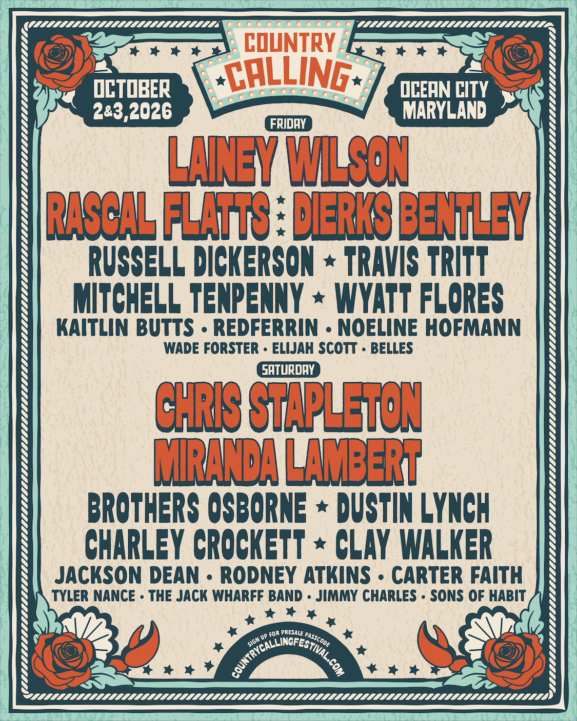 Country Calling music festival poster with lineup of artists for October 2-3, 2026 in Maryland.
