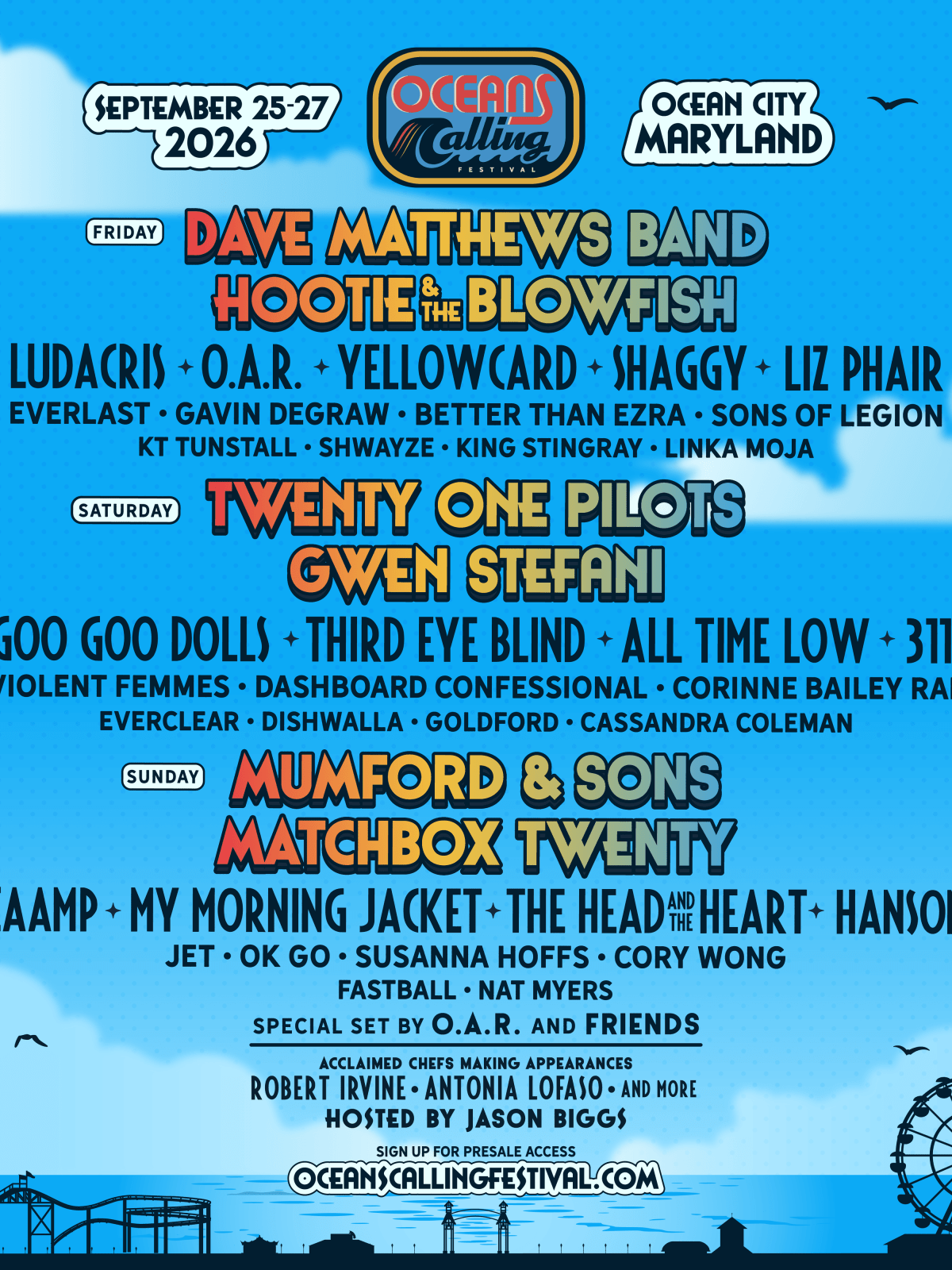 Oceans Calling Festival poster with band lineup for September 25-27, 2026 in Ocean City, Maryland.