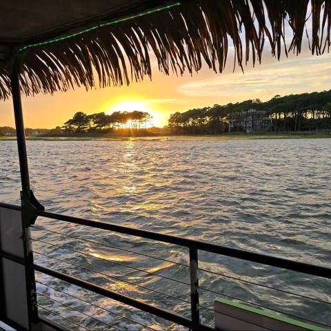 Boat with tiki roof on water at sunset, trees in the distance.